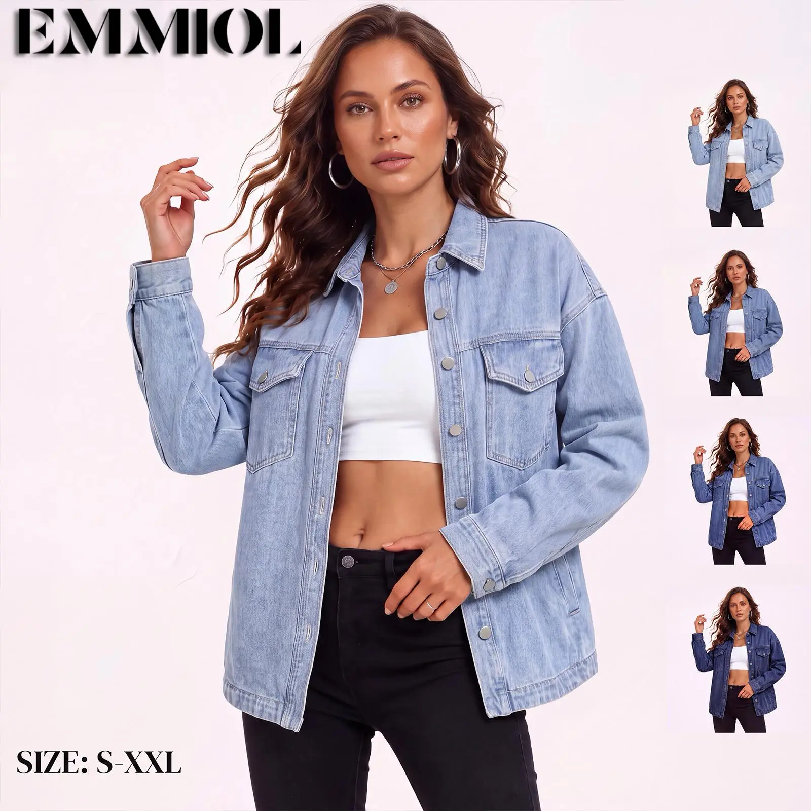 EMMIOL【Back to School】Denim Jacket for Women Vintage, Oversized Jean Jacket Coat 2026 , Baggy Denim Coat Denim Shirt for Women Long Sleeve Button Down Blouse Casual Tops Hidden Button, Roll Up Sleeve, V Neck, Relaxed Fit, Oversized Jean Shirt
