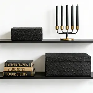 CHANG SONG Decorative Storage Boxes Set of 2 Faux Ostrich Leather Decorative Boxes with Lids Large Nesting Jewelry Boxes, Photo Memory Box Modern Home Decor(Black)