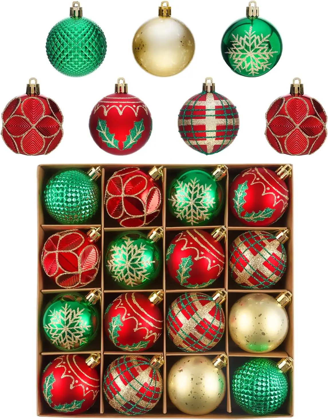 Christmas Ball Ornaments Set for Tree Decorations, 16ct 2.36" Red Gold Green Traditional Woodland Shatterproof Plastic Xmas Balls Decor Hanging Ornament Bulk for Holiday Wedding Birthday Party