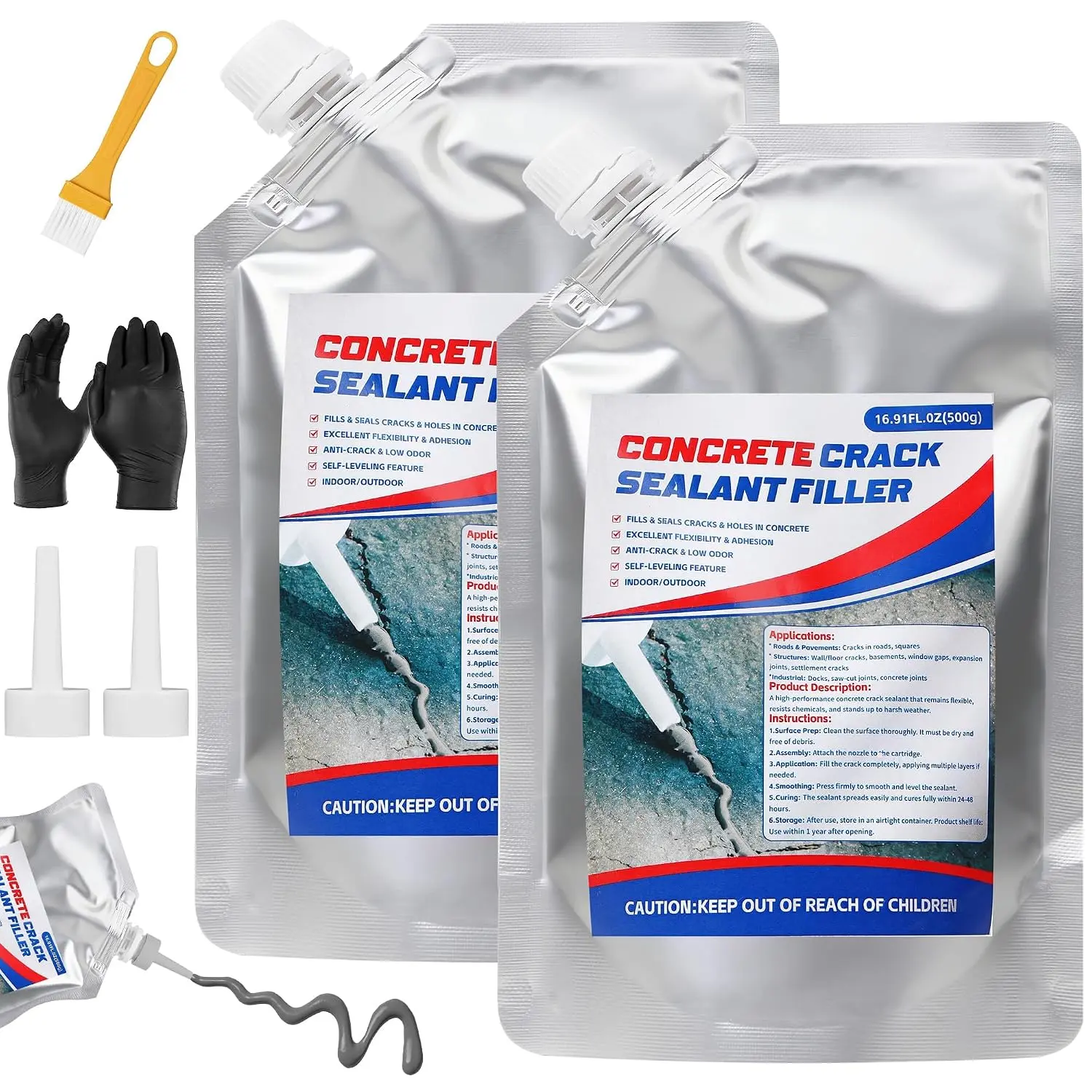 Concrete Crack Filler, 33.8 fl oz Self-Leveling Flexible Repair Sealant, High Elasticity Cement Crack Filler for Driveway, Sidewalk, Foundation, Indoor/Outdoor Use