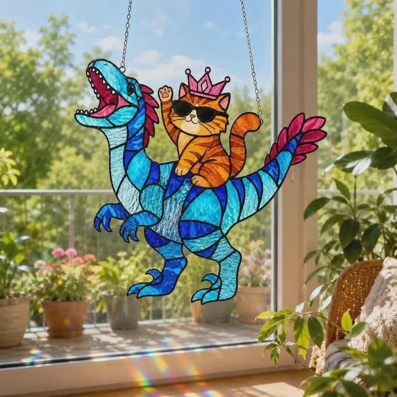 Funny Cat Riding Dinosaur Stained Glass Suncatcher, Cool Orange Tabby Cat Window Hanging, Whimsical Dino Glass Art, Cute Cat Lover Gift