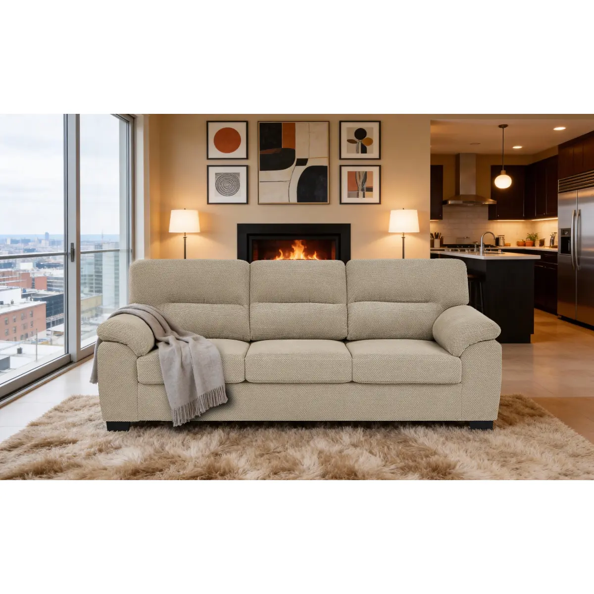 Aobtkel 3-Seater Camel Textured Fabric Sofa - Modern Minimalist Living Room Furniture, Assembled Cloud-Soft Longlasting Sofa Set, Sturdy Frame Comfortable Couch Settee, Assembled Sofa Sets, Longlasting Sofa Sets