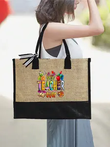 Teacher Letter Pattern Reusable Tote Bag And Cosmetic Bag Set, With Shoulder Strap Tote Bag And Cosmetic Bag, Personalized Gift Bag With Side Pocket, Beach Bag With Scarf, Holiday Gift Bag For Teacher Birthday, Suitable For Vacation, Holiday