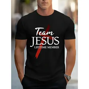 Team Jesus Graphic Print T-Shirt For Men Casual Short Sleeve Tee 1 Pcs 100% Heavy Cotton - Comfortable Crew Neck, Soft Adorable Tees Tops
