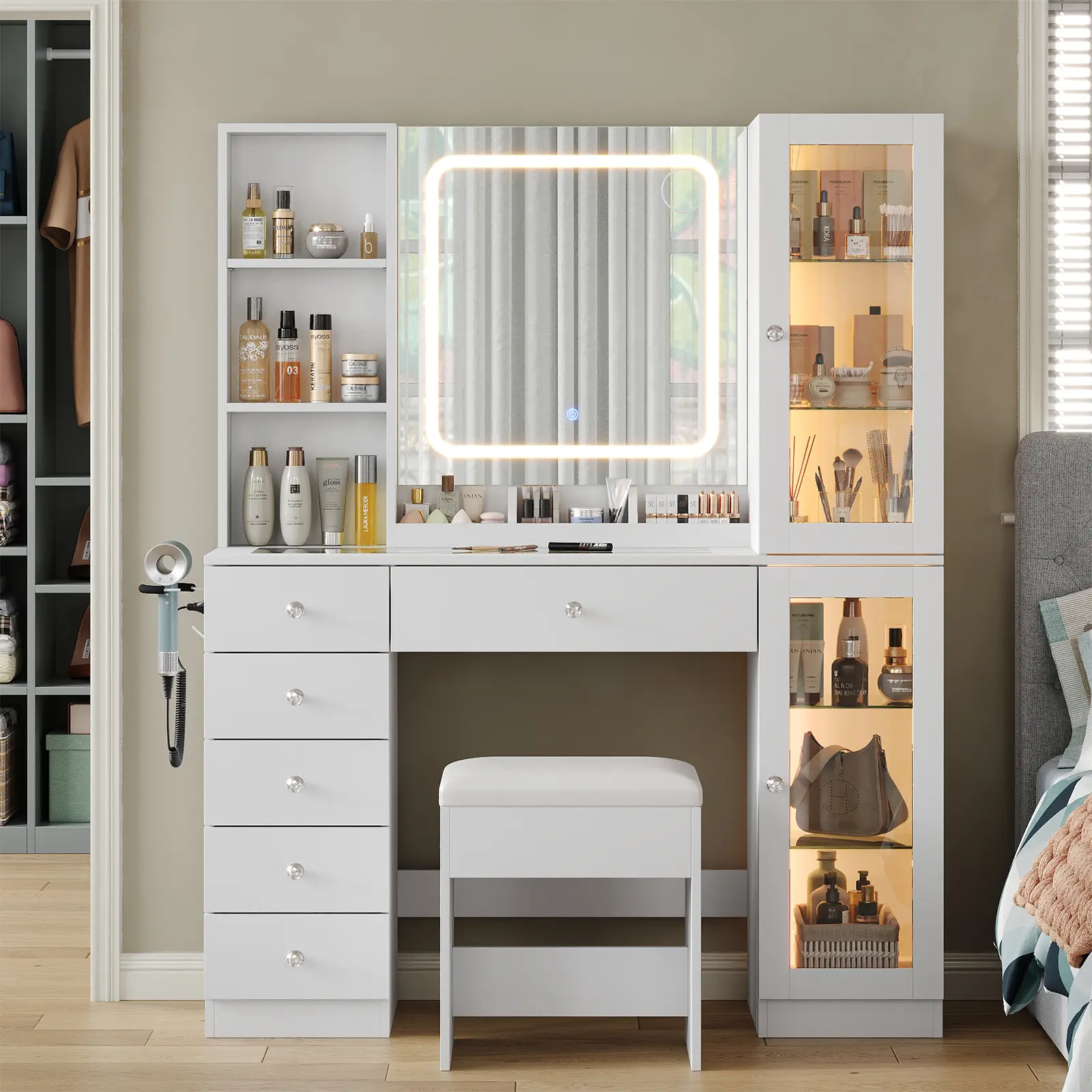 FUSOU Aesthetic 47" Makeup Vanity Set with LED Mirror, 2 Cabinets, 6 Drawers, Power Outlet, 3 Color Modes, Adjustable Brightness, Glass Top, Storage Box & Chair for Bedroom