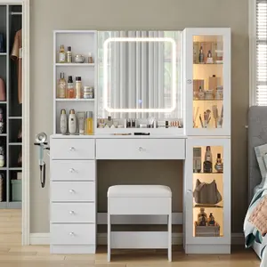 FUSOU 47"W Makeup Vanity with LED Mirror & 2 Cabinet, 6 Drawers Vanity Desk with Power Outlet, 3 Color Modes, Brightness Ajustable, Glass Top and Storage Box, Dressing Table with Chair for Bedroom