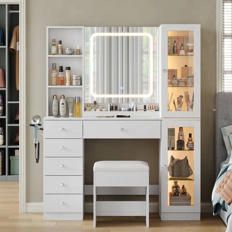 FUSOU 47" Vanity Desk with LED Mirror, Makeup Vanity with Charging Station, 2 Cabinets & 3 Open Shelves, 6 Drawers Vanity Set with Glass Top, Dressing Table for Bedroom, White