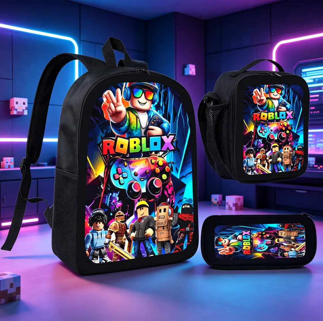 Roblox 3 in 1 Kids Backpack Set, Game Character Print School Backpack with Insulated Lunch Bag and Pencil Case, Large Capacity Schoolbag for Boys Girls Student