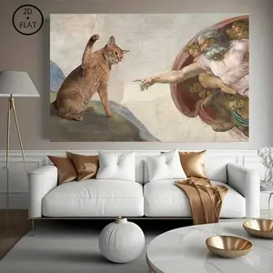 High‑Quality Funny Meme Wall Decor, Michelangelo‑Style God Creation Of Adam Canvas Print with Cat Theme for Art Poster
