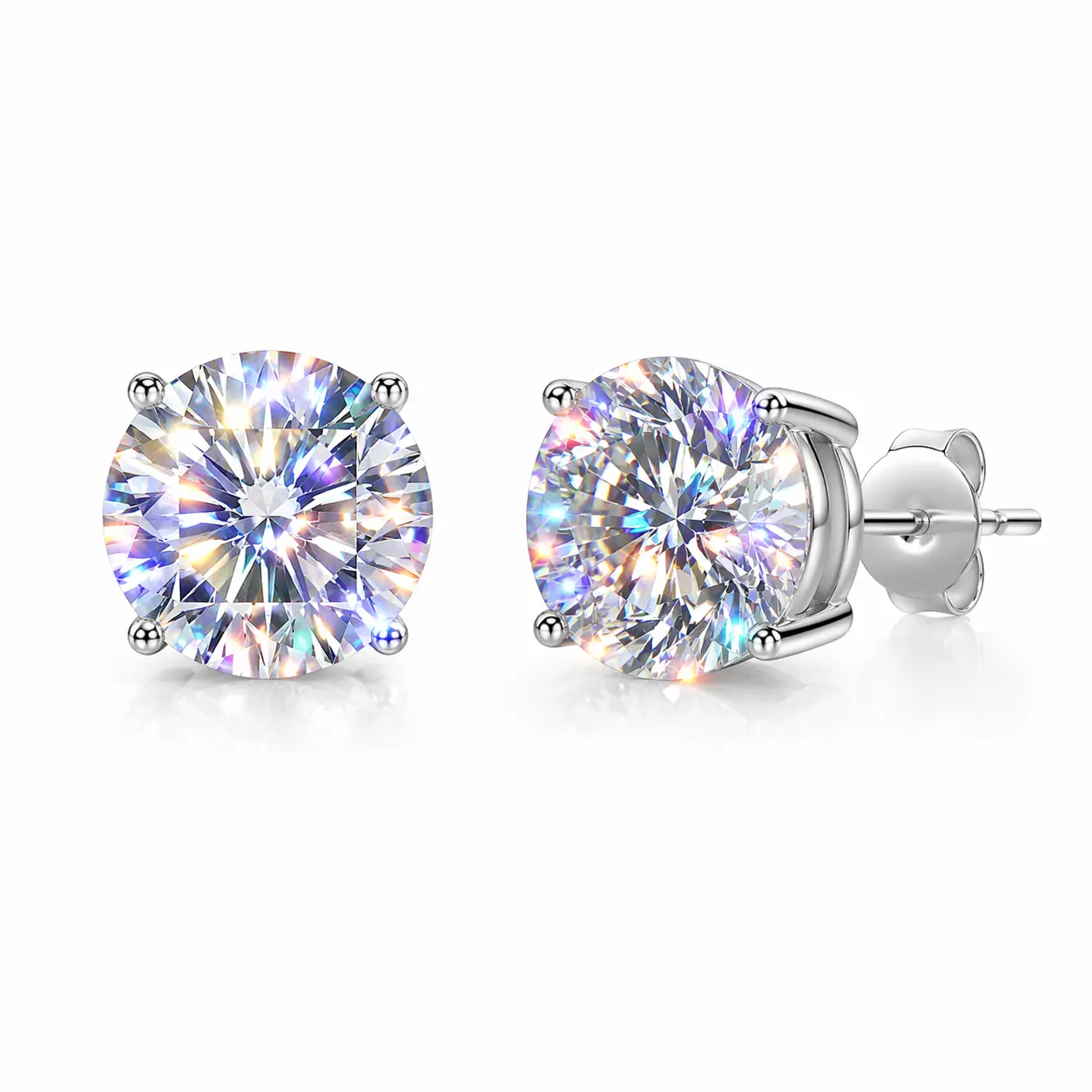 Unisex 4-Prong Moissanite Stud Earrings in 925 Sterling Silver, Elegant 6.5mm Round Cut Hypoallergenic Earrings Set with Rainbow Fire for Date-Night, Daily Wear, Lab-Grown Moissanite, Super Sparkly Look, Adults, 925 Real Silver Earrings