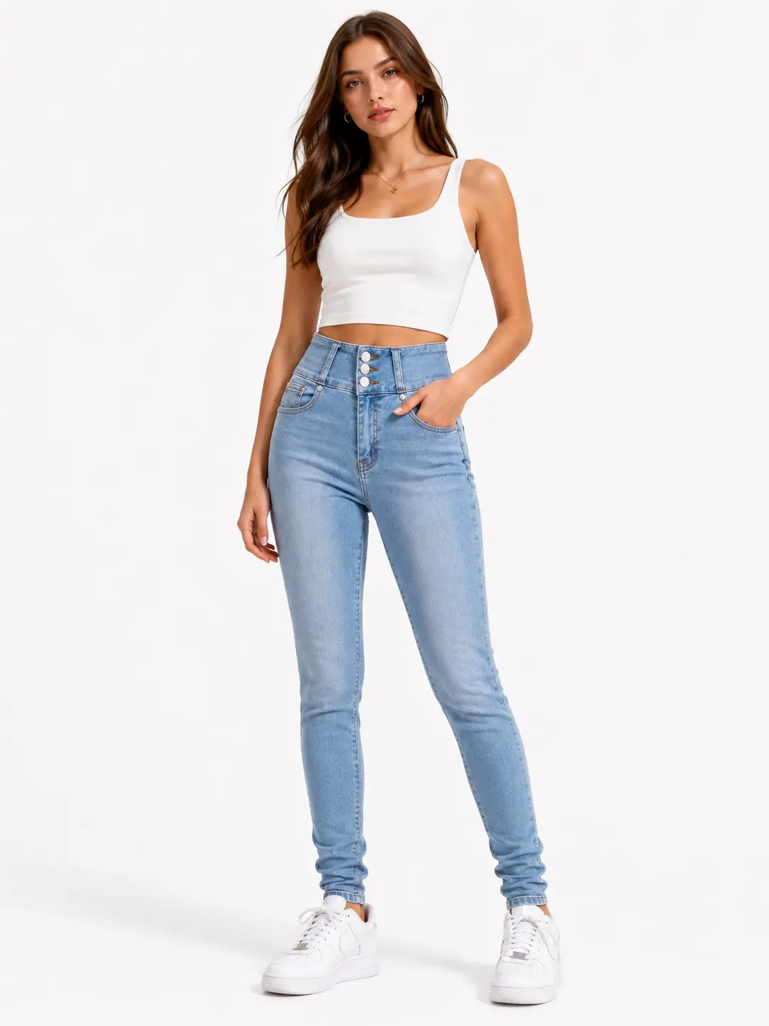 Retro Streetwear | High Waisted Skinny Jeans (Corset Multi-Button Tummy Control Sculpting Tight Fit Denim Pants)