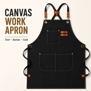 Chef Apron for Men and Women, Black Canvas Cross Back Cooking Apron with Large Pockets, Adjustable Heavy Duty Work Apron for Kitchen, Barista, Restaurant, Craft and Grill