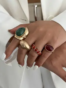 Bohemian Geometric Gemstone Rings Set, Statement Multi Ring, Fashionable Metal Jewelry for Women, Casual Party Wedding Gift, Elegant Light Luxury Design