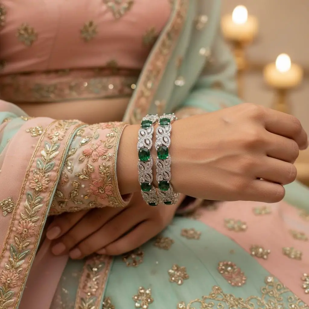 Green Floral AD Bangle Set, Emerald Stone Bracelet, Elegant Wedding Bangles for Festive & Bridesmaid Wear