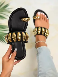 Women's Metal Buckle Decorated Round Toe Slip-On Sandals, Summer Fashion Comfortable Flat Shoes, One-Piece Design