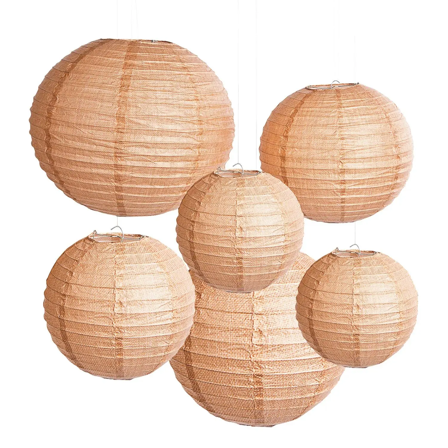 8" - 16" Burlap Print Hanging Paper Lanterns - 6 Pc.