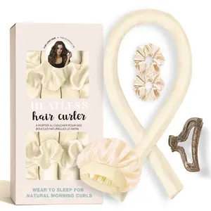 Heatless Curling Hair Clips Set of 5, Hair Curlers, Includes 1 Curler, 2 Satin Hair Clips, 1 Clip, 1 Satin Hat, No Heat Natural Curls，Suitable for use while sleeping, prevents frizz and damage.