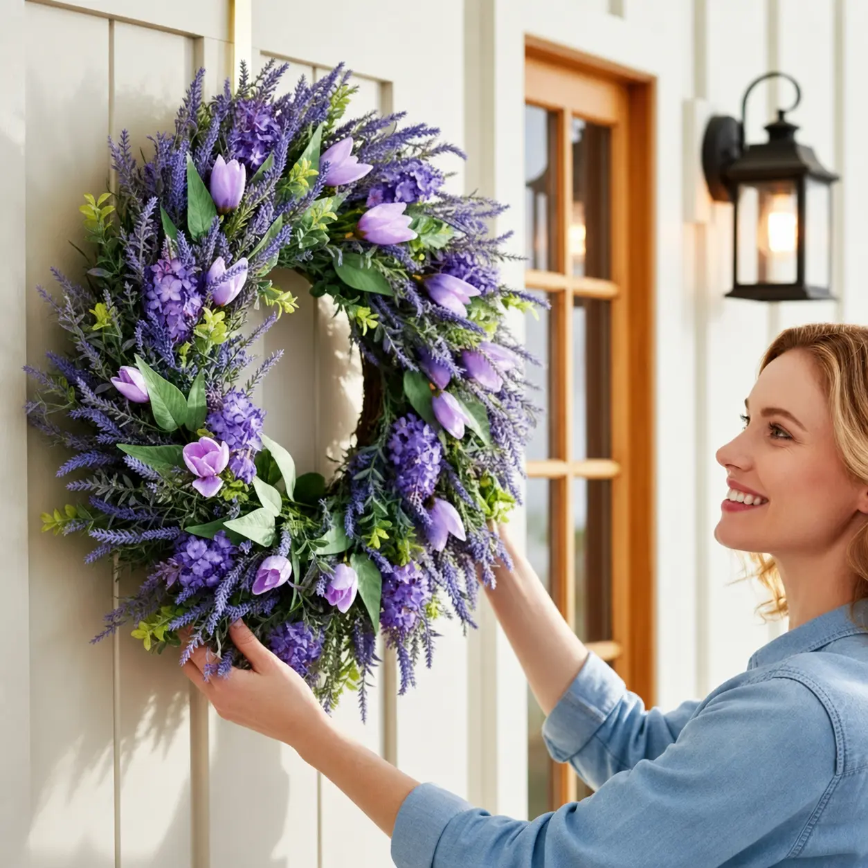 26in Purple Lavender Tulip Wreath (1 Pack) - Round Farmhouse Car Exterior Decoration, Lightweight, Easy-Hanging, Fade-Resist Artificial Flower Decor, Ideal for Front Door, Easter, Gifting