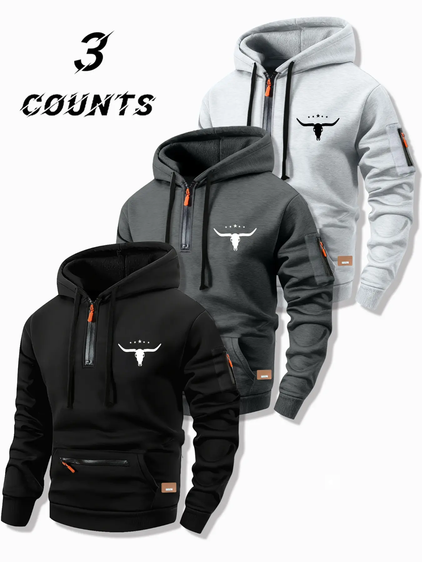 Men's Pocket Zipper Casual Sweatshirt, Fall & Winter Design, Hooded Thickened Pullover, Cow Head Bull Pattern Three-Piece Set