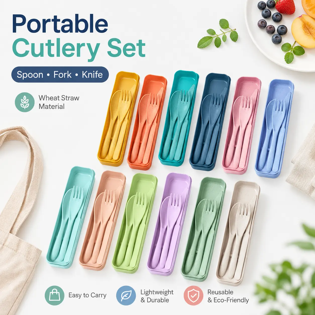 Travel Utensils Set - Reusable Natural Wheat Straw Portable Cutlery Set with Travel Case, Lightweight Spoon Fork Knife Flatware for Lunch Box, Camping, Picnic & School, Back to School Lunch Box Accessories Gift for Kids, Adults & College Students