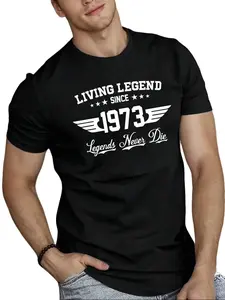 Living Legend Since 1973 Men's Letter Printed Round Neck Short Sleeve Casual Slim Fit T-Shirt for Everyday Wear Comfortable Stylish Look