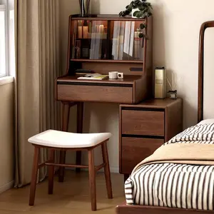 YESWOOD Extendable Vanity Desk with Dresser, Ash Wood Makeup Table for Girls, Vanity Set with LED Light and Glass Door for Bedroom, Barthroom