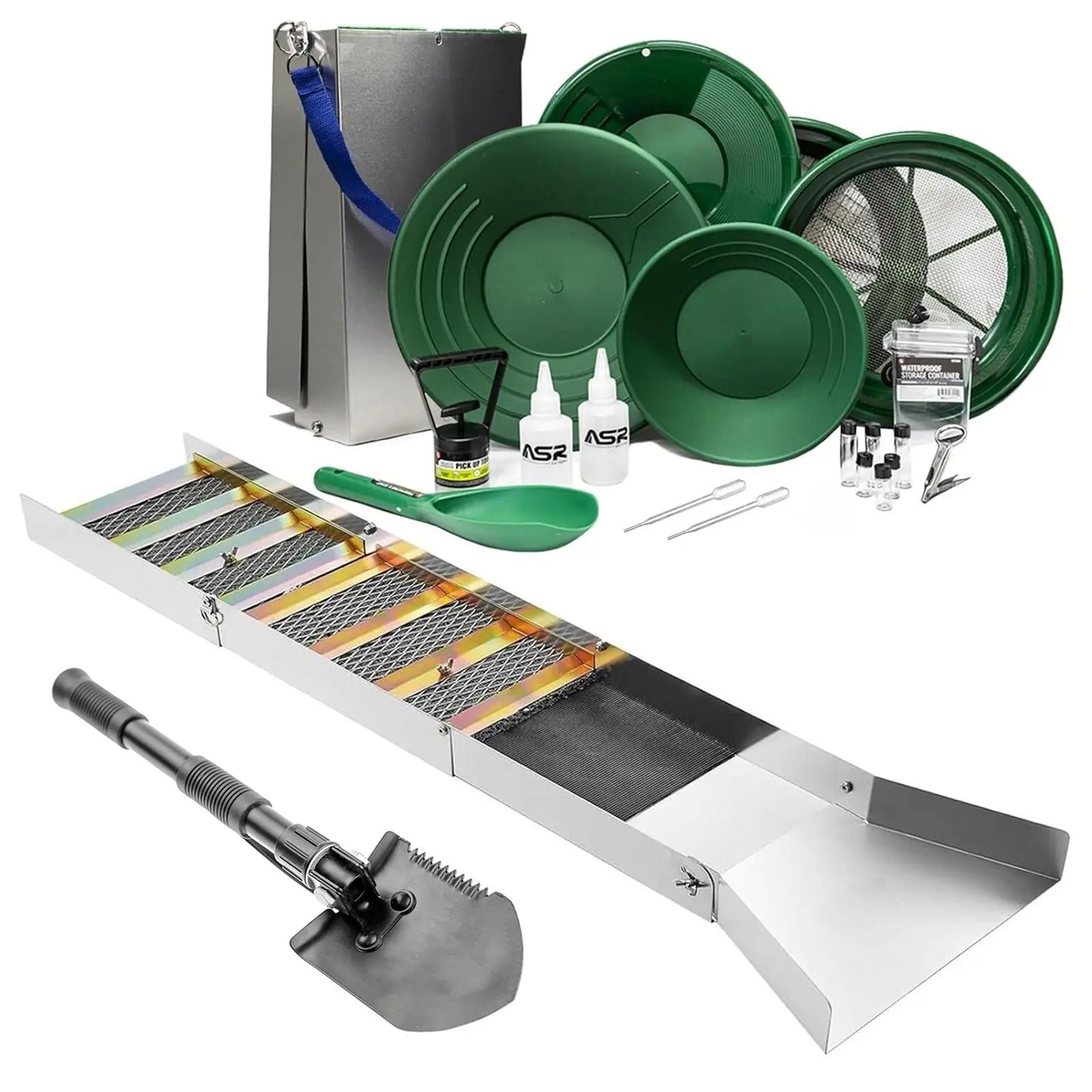 ASR Outdoor 21pc Gold Panning Kit with 50" Aluminum Sluice Box, 1/2" Sifting Classifier, Rock Pick Hammer, Digger, & Essential Tools for Gold Prospecting