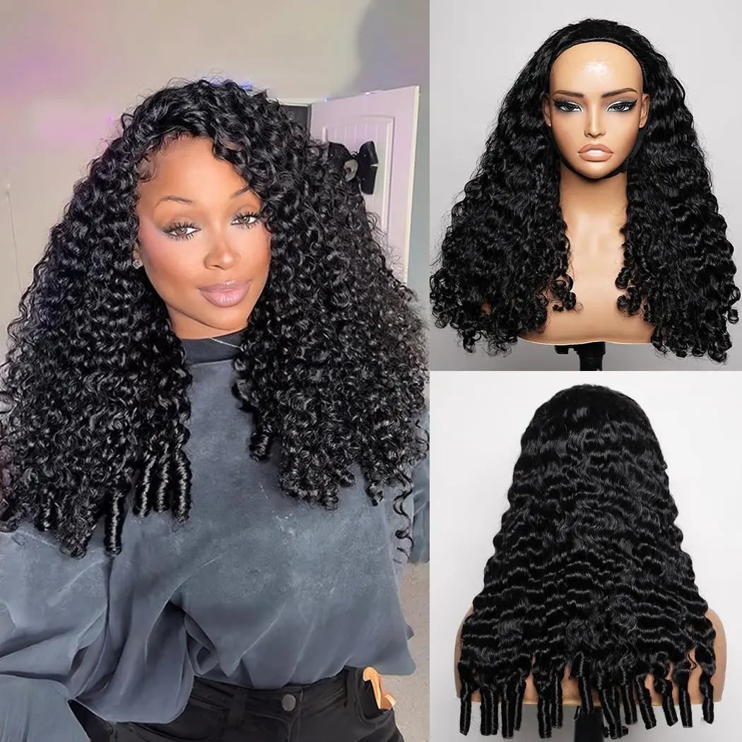 Burmese Curly Half Wig Human Hair 180 Density 3 In 1 Seamless Flip Over Half Wigs Human Hair Glueless Wear and Go Beginner Friendly Curly Wig Human Hair Drawstring Headband Wig for Women 20Inch