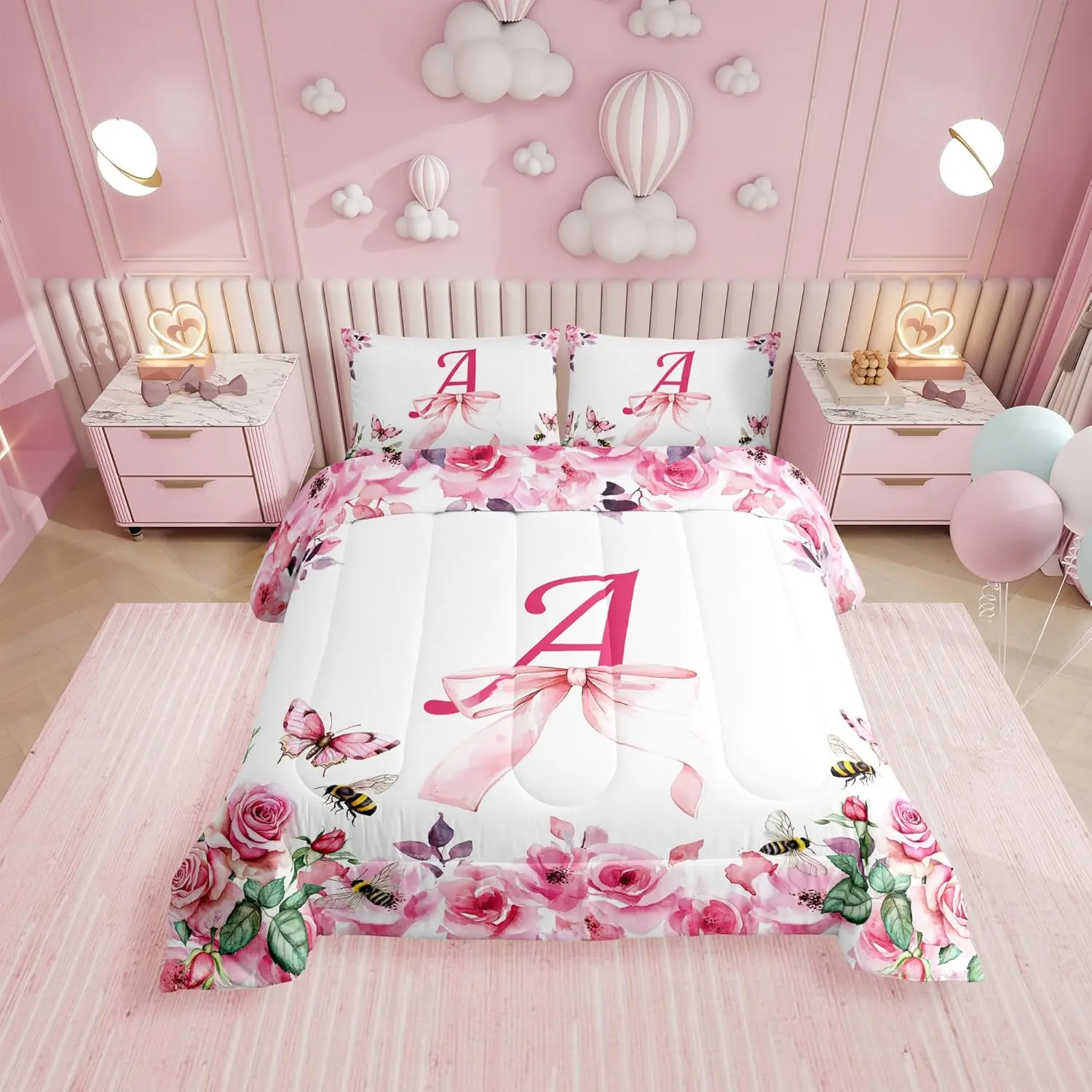 Feelyou Initial A-Z Reversible Comforter Set - Queen/King Sizes, Alphabet Blanket, Floral Printed Bedding, Skin-Friendly Soft Lightweight Bowknot Design for Kids, Kids Room Ideas, Bedding Blanket