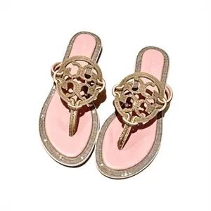 Viral TikTok Pink Rhinestone Flat Sandals - Soft Footbed Gold Embellished T-Strap Flip Flops, Glittery Summer Sandals for Women, Perfect for Everyday & Parties