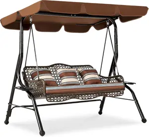 3-Seat Patio Swing Furniture with Canopy, 2 Side Trays, 3 Pillows & Removable Cushion, Patio Wicker Swing  Balcony, Garden standing  swing Outdoor Adjustable