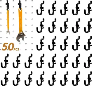 50 count Pegboard Hooks Plastic Peg Board J Hooks for Hanging Black Pegboard Hooks J Hook Accessories, for 1/4" Pegboards DD017-50