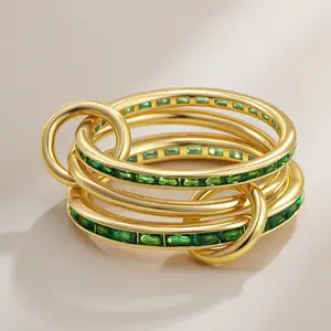 Golden multi-ring emerald green ring - girl's ring - design ring - golden irregular ring - multi-ring ring - emerald green ring - high-quality ring - light luxury design ring