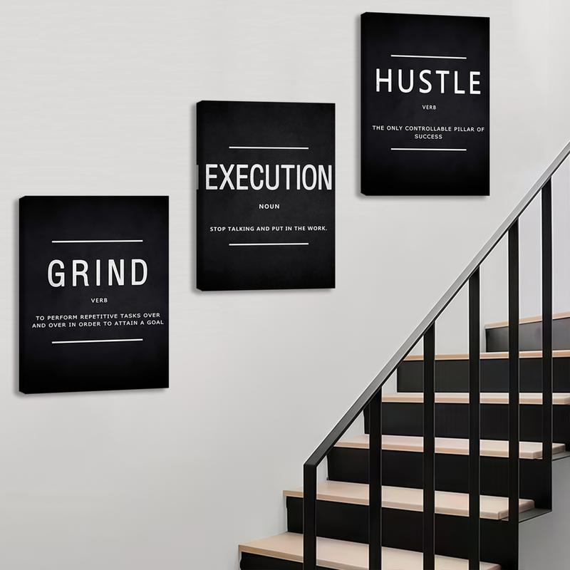 3pcs Wooden Framed Canvas Wall Art, GRIND, EXECUTION, HUSTLE Modern Classic Art Deco Style, Waterproof & Odorless HD 8K Print, Indoor/Outdoor Home Decor for Living Room, Bedroom, Office - Perfect Gift for Friends & Family