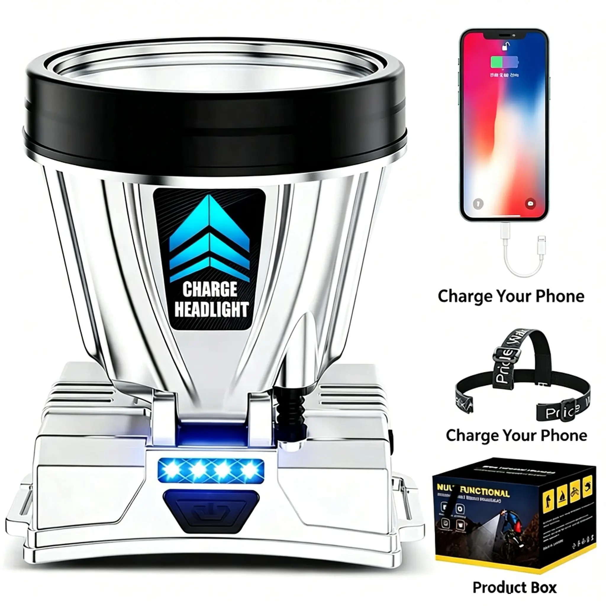 Multifunctional Rechargeable LED Headlamp with Phone Charging Function, Super Bright Waterproof Outdoor Head Light for Fishing Camping Hiking Working flashlight survival camp headlight