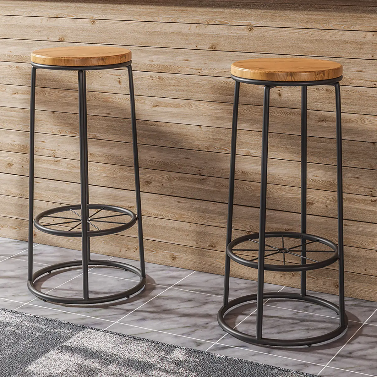 24/7 Shop At Home Lodz Set of 2 Industrial Study Wood Bar Stools with Metal Footrest, Antique Barstools for Dining Room, Kitchen