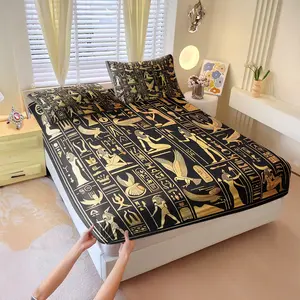 3Pcs Exotic Civilization Style Ancient Egyptian Mural Pattern Printed Fitted Sheet Set, Black Gold Luxury Themed Bedding Set, Soft and Durable Ultra-Fine Fiber Bed Cover, Suitable for Room Decoration. Includes Two Pillowcases (Excluding Pillow Core)