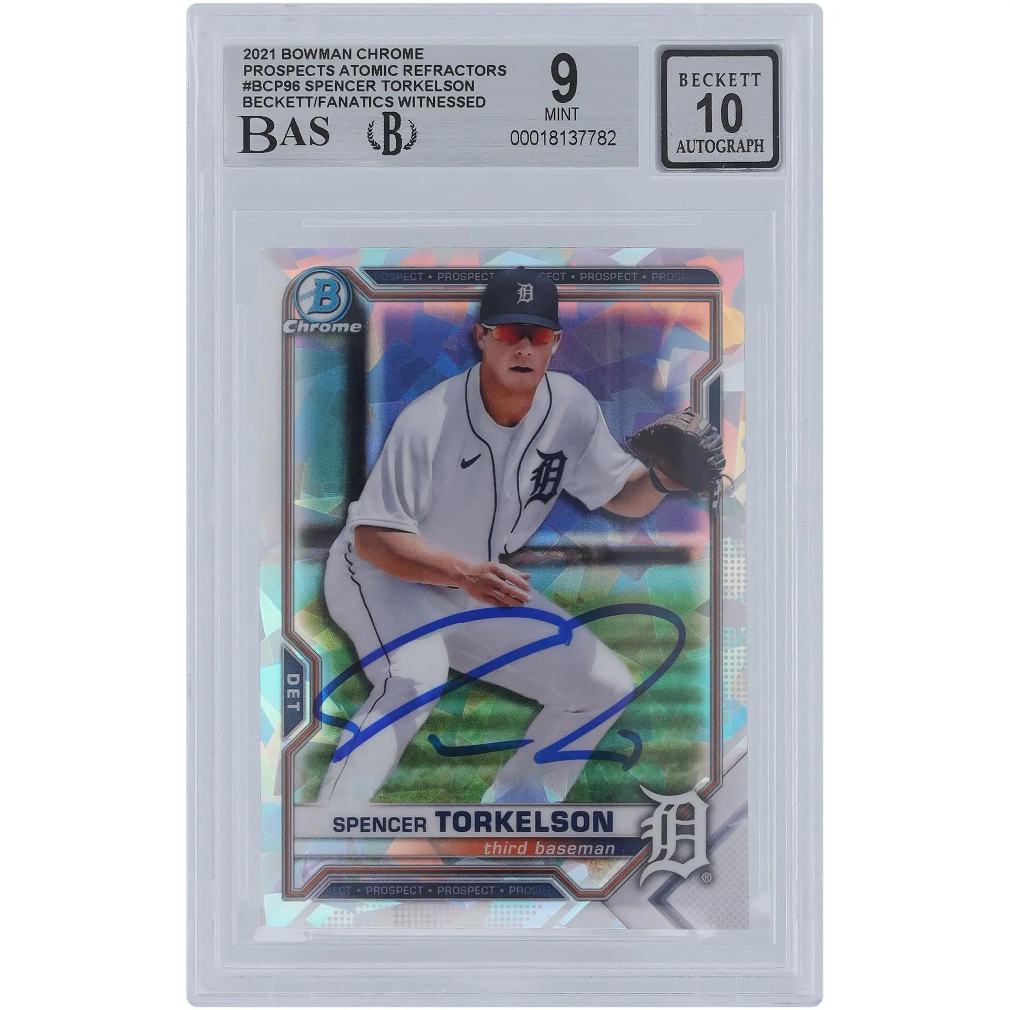 Spencer Torkelson Detroit Tigers Autographed 2021 Bowman Chrome Prospects Atomic Refractor #BCP-96 Beckett Fanatics Witnessed Authenticated 9/10 Card - Fanatics Authentic Certified