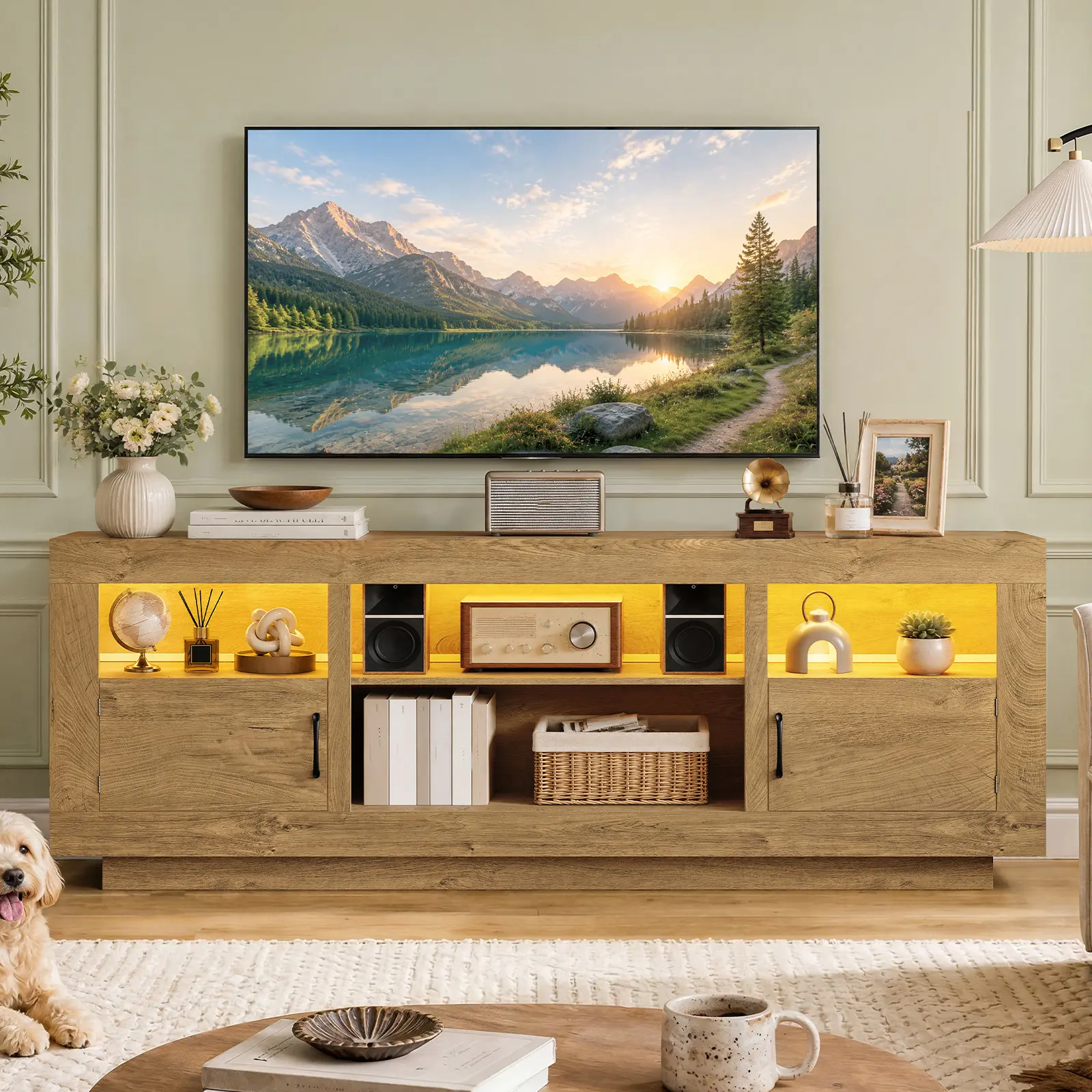 Fits TVs up to 80", Floating TV Stand with LED Light, Adjustable Shelf, Four Cable Holes and Sleek Metal Handle, Storage Cabinet with Four Open Compartments and Two Storage Cabinets, Media TV Console TV Table for Living Room Bedroom.