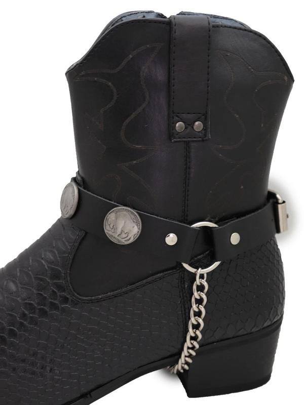 Men Biker Fashion Jewelry Boot Bracelets Black Faux Leather Straps Silver Chains Buffalo Pair