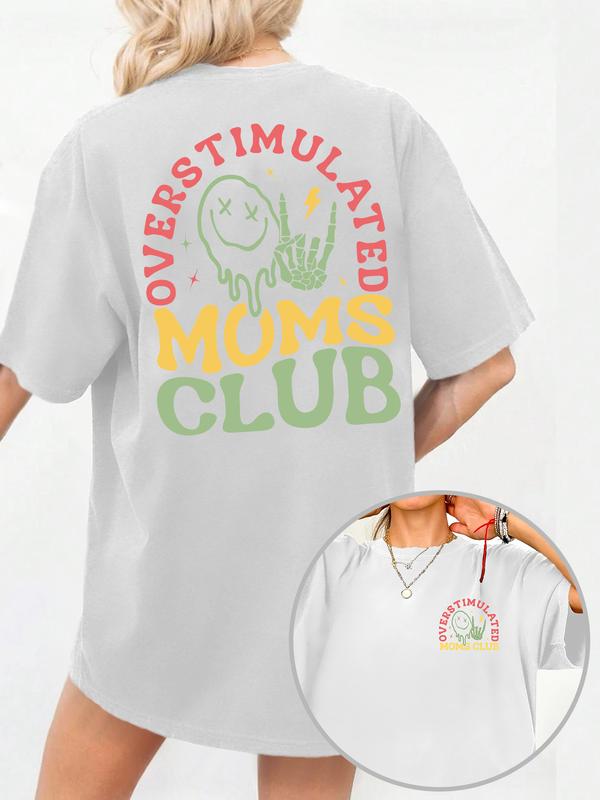 Women's Overstimulated Moms Club Round Neck Graphic Tee, Vintage Trendy Casual Short Sleeve T-shirt for Daily Wear, Ladies Summer Outfit, Top