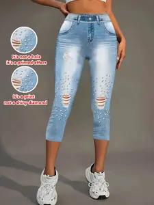 Women's Fitted Capri Pants, Cropped, Natural Waist Design, All Season Wearable, Non-Denim Fabric, Printed Pattern, Y-Type Silhouette, Bottom, Womenswear