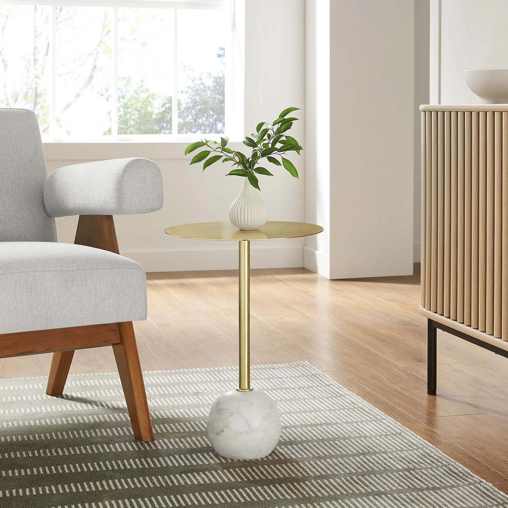 Modway Aliza Modern Round Acacia Wood Side Table - Brass Top, White Marble-Iron Base, Living Room Tables for Studio Apartments, 99 lbs Capacity, Assembly Required Integrated Piece