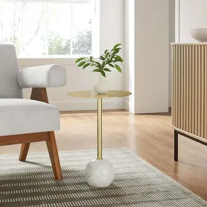 Modway Aliza Round Acacia Wood Side Table in Brass Top with White Marble Base