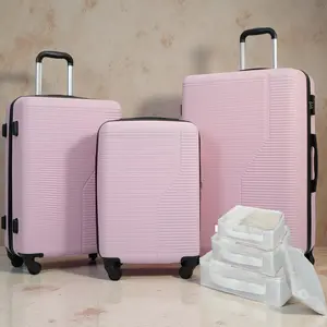 7-Piece Luggage Set with 3 Suitcases and 4 Square Storage Bags 20in 24in 28in ABS Lightweight TSA Lock Spinner Wheel Travel Collection pink