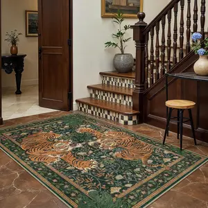 【Mother's Day】GENIMO Tiger Area Rug ，Mother's Gift, Boho Vintage Hallway Runner Non-Slip, Soft Low Pile Green Kitchen Rug, Botanical Animal Carpet for Entryway Bedroom Laundry