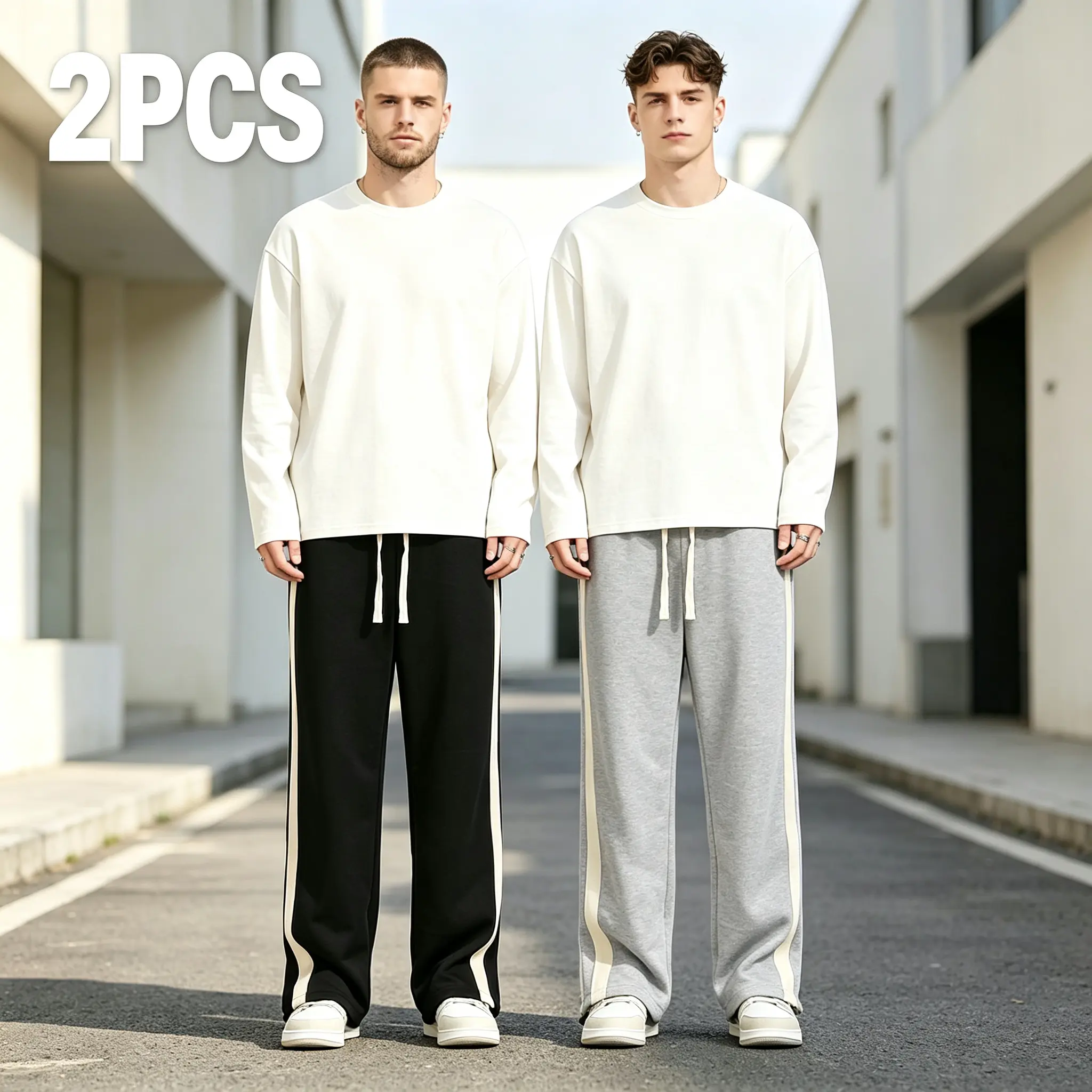 Men's 2-Piece Wide-Leg Sweatpants Set, Menswear, Side Stripes, Loose Casual Fit, Elastic Drawstring Waist, Comfortable Silhouette - Ideal for Everyday Streetwear Loungewear Pajamas