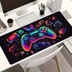 1pc Neon Game Pattern Large Gaming Mouse Pad,Game Controller Design Extended Desk Mat,Office Desk Accessories Non-Slip Stitched Edge Computer Mat ,Rubber Base Laptop Keyboard Pad for Home Office & Gamer,Durable and Spill-Resistant