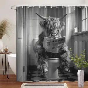 1Pc Funny Highland Cow Reading Newspaper Shower Curtain Polyester Fabric Bathroom Decor Tub Divider Hanging Curtain 70.8x70.8 Inch with 12 Hooks for Unique Bath Space