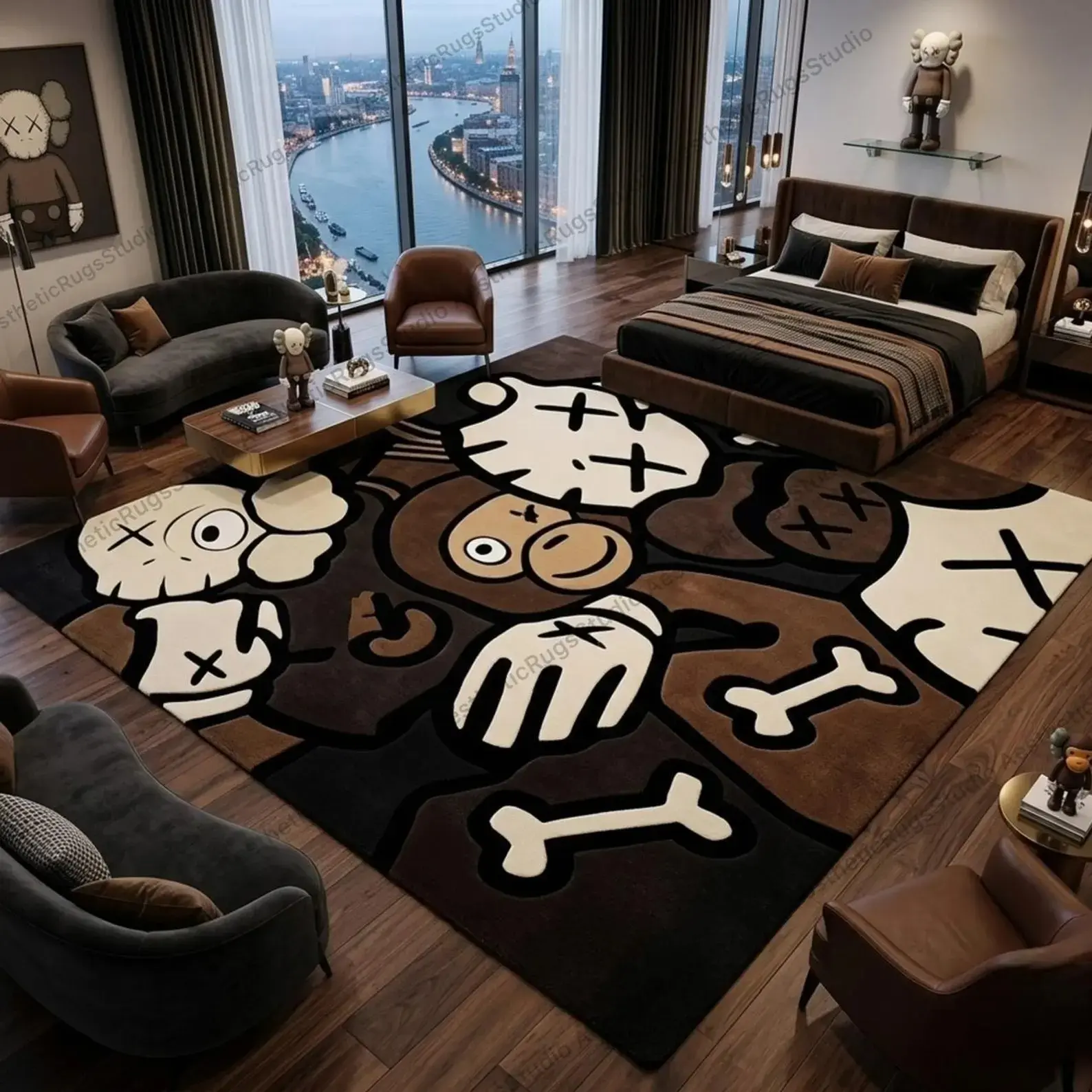 KAWS-Inspired Brown Cartoon Skull & Bear Hand-Tufted Wool Area Rug, 8x10 Modern Abstract Luxury Hypebeast Home Decor, Custom Sizes Available (10x14 Option)